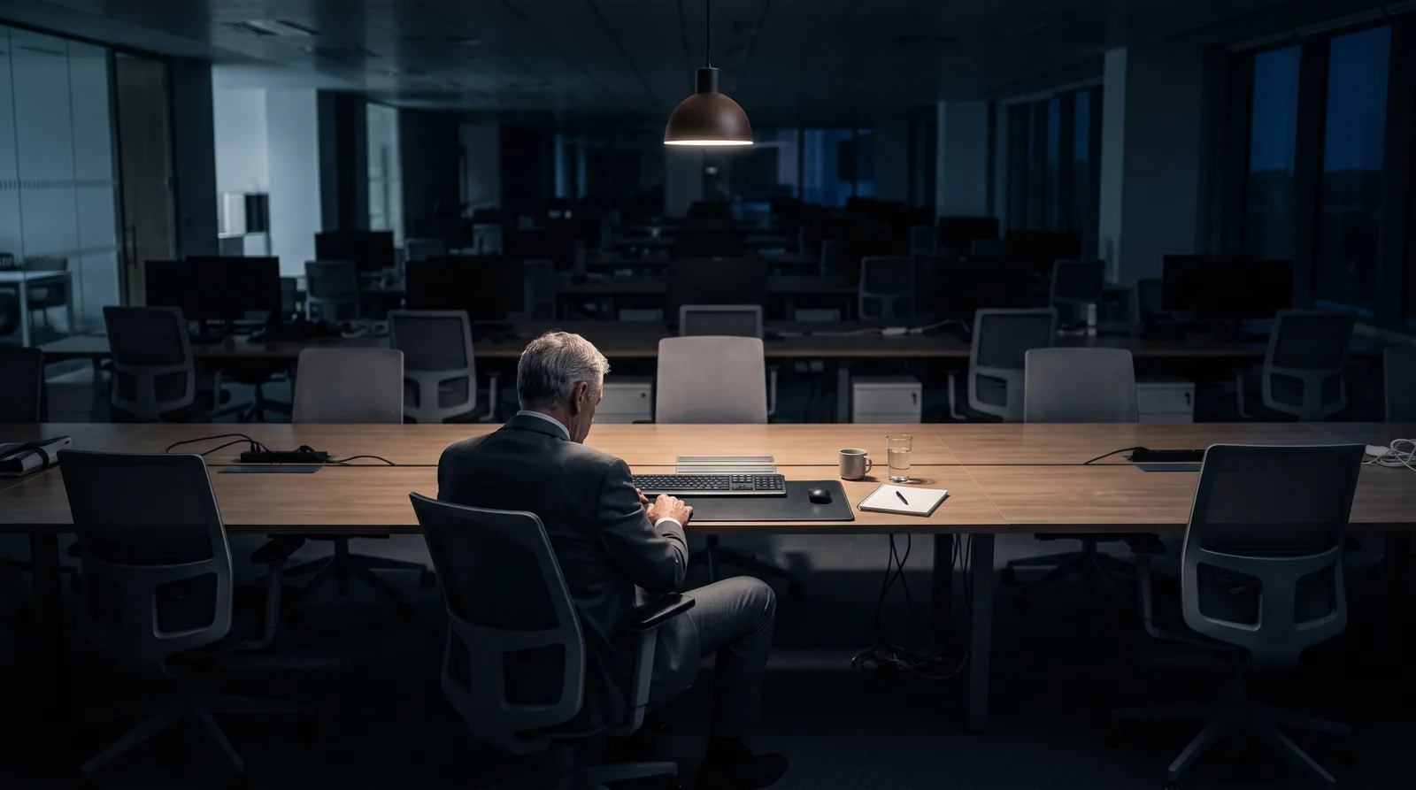A lone senior executive in a dark suit sitting at a desk in an otherwise empty open-plan office at night, seen from behind, hands resting either side of the keyboard rather than typing.